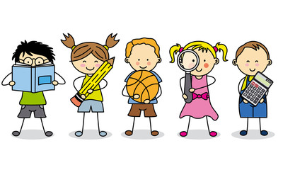 children with school objects