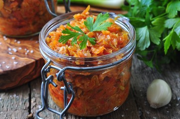 ratatouille of organic zucchini, onions, carrots and tomatoes with garlic and dill (squash caviar)