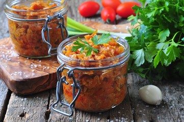 ratatouille of organic zucchini, onions, carrots and tomatoes with garlic and dill (squash caviar)