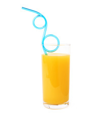 Tall glass filled with the orange juice and curved blue plastic