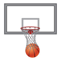 Basketball Through Net With Backboard is an illustration of a basketball going into a basketball net. Includes the basketball backboard.