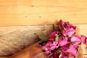 Pink roses and rose petals were sprinkled fallen.