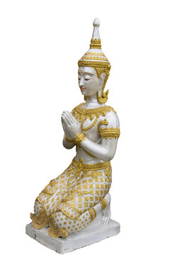The figure of deva stucco in Thailand temple isolated on white