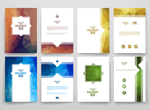 Set of brochures in poligonal style on delivery theme. 