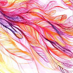 pink feathers, lines and spots/ abstract background/ watercolor painting