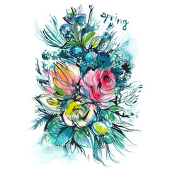 ultramarine bouquet with three flowers/ spring/ watercolor painting