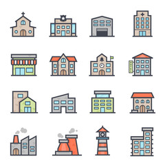 Building Icon Bold Stroke with Color on White Background. Vector Illustration