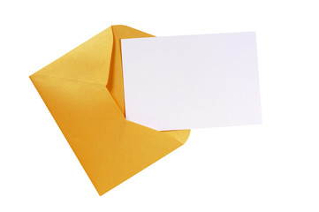 Gold or manila brown envelope with blank white greeting card invite invitation or thank you note photo isolated on white background