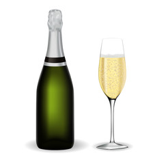 A bottle of champagne and a full glass of champagne