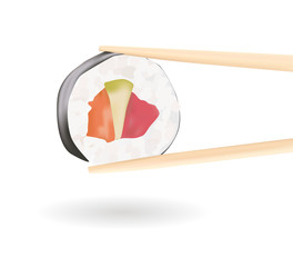 Sushi roll with wooden sticks hashi 