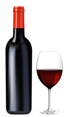 Red wine bottle with glass