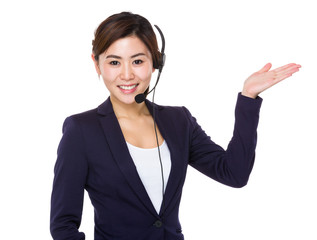 Call center agent with open hand palm for selling something