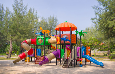 Huge modern kids playground with ladders, slides and crawl const