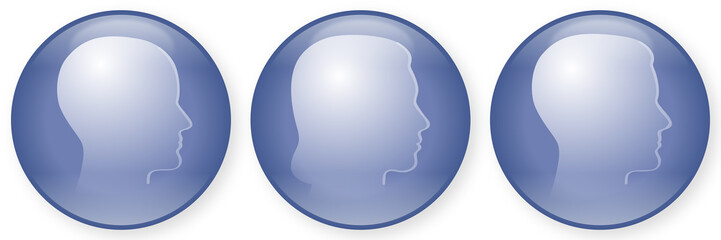 Blaues, rundes Button-Set: 3 menschliche Vektor-Gesichter im Profil: weiblich, männlich, geschlechtsneutral / Vektor