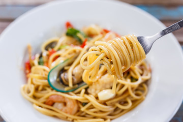 Spaghetti spicy seafood on plate