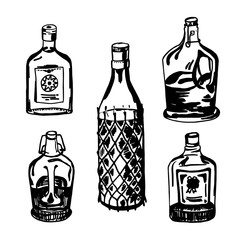 Set of different white and dark sketch bottles