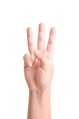 Hand with three fingers up isolated on white