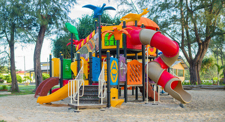 Huge modern kids playground with ladders, slides and crawl const