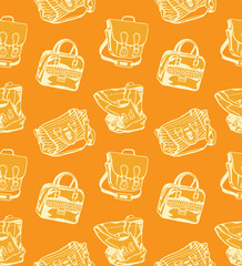 Seamless orange pattern with different styled bags