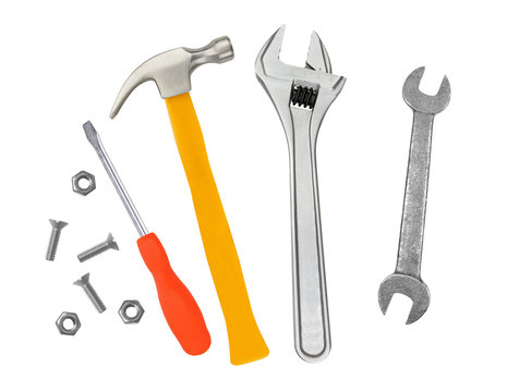 Hammer, screwdriver and wrenches isolated on white
