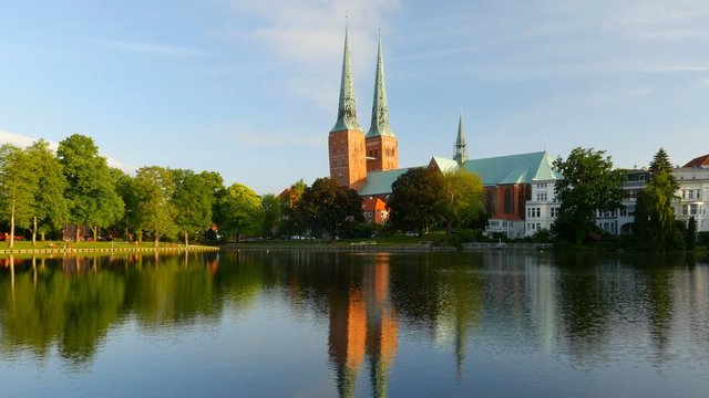 Lubeck old town, Cathedral and Trave river, Germany