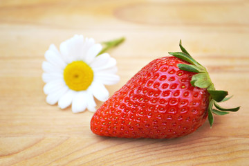 Fresh strawberry and daisy flower on wooden background