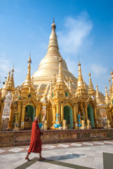 Naklejka premium Buddhist monk walking in Shwedagon pagoda