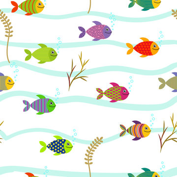 Colorful sea fishes. Seamless pattern.