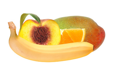 fresh peach; banana, orange and mango fruits isolated on white