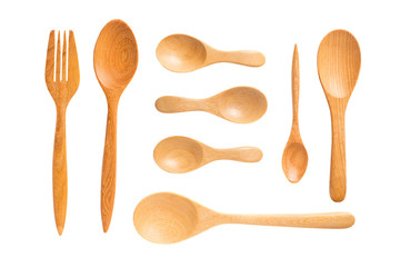 wooden spoons and fork on white background, Clipping Path