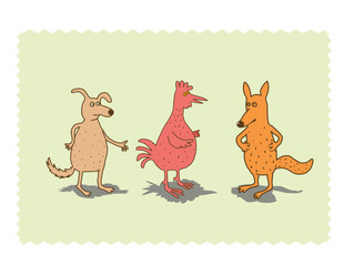 Cute cartoon graphics with three animals: a dog, a fox and a 
rooster
