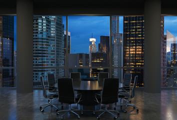 Panoramic conference room in modern office, cityscape of New York skyscrapers at night, Manhattan. Black chairs and a black round table. 3D rendering.