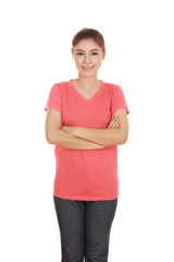 woman with arms crossed, wearing t-shirt