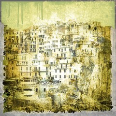 Grunge background with illustration of "Cinque Terre", Italy.