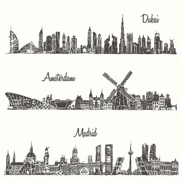 Set skylines Dubai Madrid Amsterdam drawn sketch