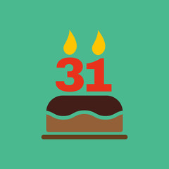The birthday cake with candles in the form of number 31 icon. Birthday symbol. Flat
