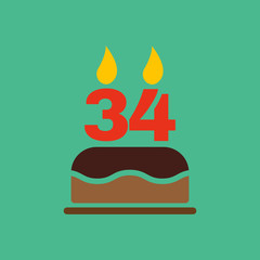 The birthday cake with candles in the form of number 34 icon. Birthday symbol. Flat