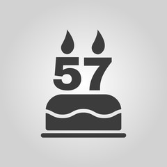 The birthday cake with candles in the form of number 57 icon. Birthday symbol. Flat