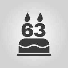 The birthday cake with candles in the form of number 63 icon. Birthday symbol. Flat