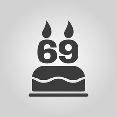 The birthday cake with candles in the form of number 69 icon. Birthday symbol. Flat