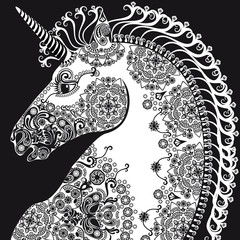 stylized  profile unicorn head, bleack and white