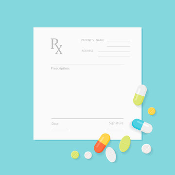 Blank Medicine Prescription Form with Pills Scattered on It