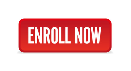 Enroll now red three-dimensional square button isolated on white background