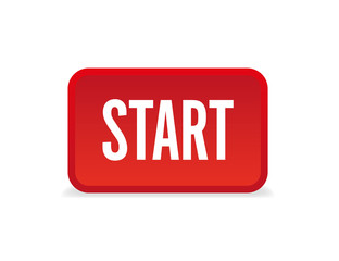 Start red three-dimensional square button isolated on white background