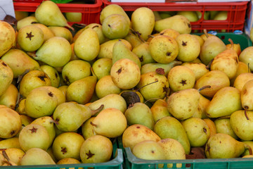 Green pears at a famers market