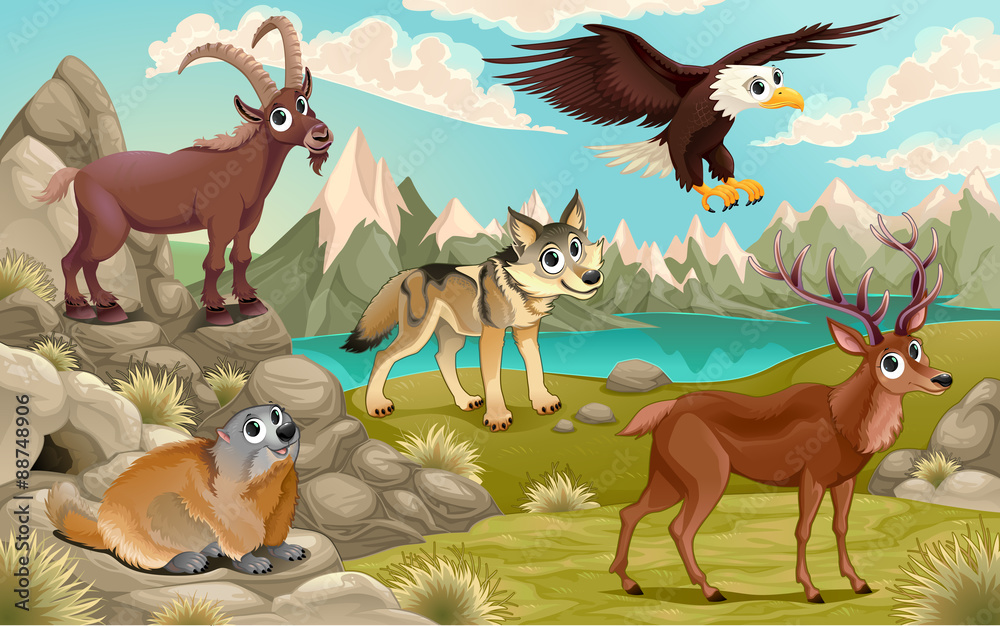 Wall mural funny animals in a mountain landscape