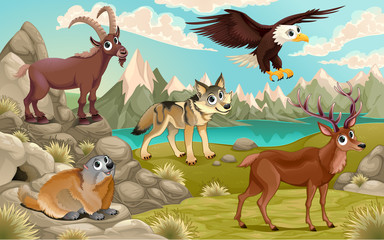 Obraz premium Funny animals in a mountain landscape