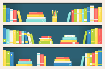 Bookcase Shelves with Books of Different Size and Color
