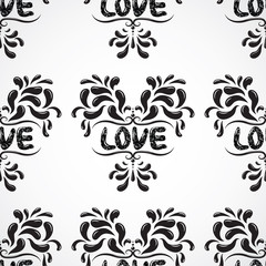 Illustration of seamless abstract black floral vine pattern with love word.