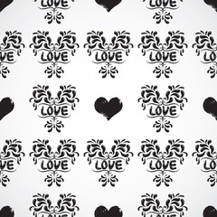 Illustration of seamless abstract black floral vine pattern with love word.
